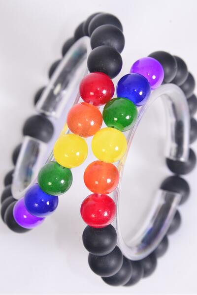 Bracelet 10 mm Black Glass Bead Rainbow Color Beads Mix Stretch / 12 pcs = Dozen  Stretch , Hang Tag & OPP Bag & UPC Code