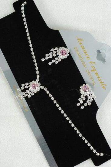 Necklace Sets Choker Rhinestones Pink / 12 Sets = Dozen Pink , Post , 16" Extension Chain , Velvet Display Card & Opp Bag & UPC Code
