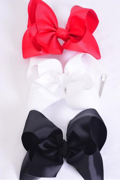 Hair Bow Jumbo Red White Black Mix Grosgrain Bow-tie / 12 pcs Bow = Dozen Alligator Clip , Size - 6"x 5" Wide , 4 Red , 4 White , 4 Black Color Mix , Clip Strip & UPC Code