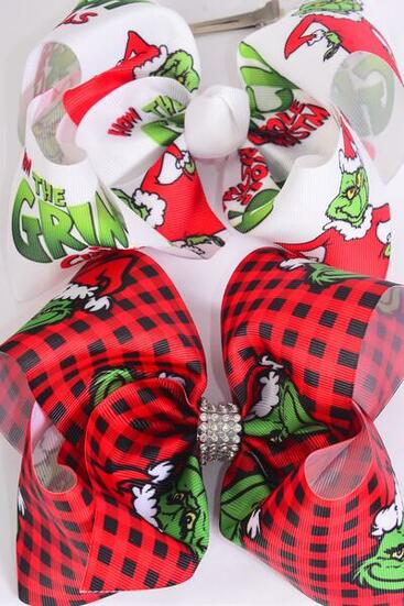 Hair Bow Jumbo Christmas Grinch Mix Grosgrain Bow-tie / 12 pcs Bow = Dozen match 01012  Alligator Clip , Size-6"x 5" Wide , 6 Of Each Pattern Asst , Clip Strip & UPC Code
