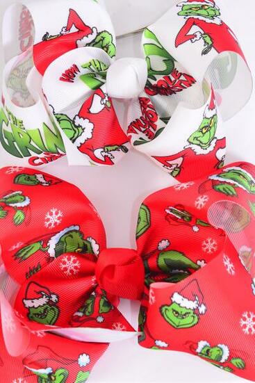 Hair Bow Jumbo Christmas Grinch Mix Grosgrain Bow-tie /  12 pcs Bow = Dozen  Alligator Clip , Size - 6"x 5" Wide , 6 Of Each Pattern Asst , Clip Strip & UPC Code
