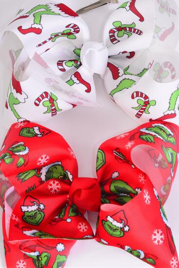 Hair Bow Jumbo Christmas Grinch Mix Grosgrain Bow-tie /  12 pcs Bow = Dozen  Grinch , Alligator Clip , Size - 6" x 5" Wide , 6 Of Each Pattern Asst , Clip Strip & UPC Code