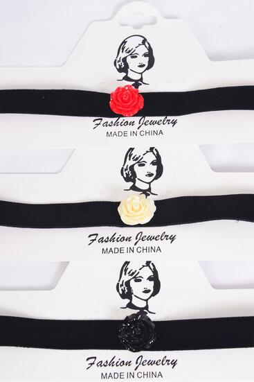Necklace Choker Black Velvet Center Poly Rose/ 12 pcs = Dozen Size - 14" Extension Chain , Velvet - 0.75" Wide , 4 Black , 4 Red , 4 Ivory Mix , Display Card & OPP Bag & UPC Code