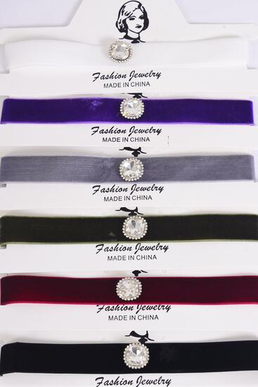 Necklace Choker Velvet Center Clear Stone Multi / 12 pcs = Dozen Multi , Size -14" Extension Chain , 2 Black , 2 Hunter Green , 2 Burgundy , 2 White , 2 Gray , 2 Purple Color Asst , Display Card & OPP Bag & UPC Code