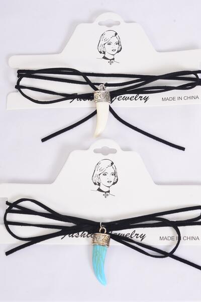 Necklace Faux Suede Cord String Wrap Bolo Tie Choker Tusk Charm / 12 pcs = Dozen Color - 4 Black , 4 Ivory , 4 Turquoise , 3 Color Asst , Display Card & OPP Bag & UPC Code