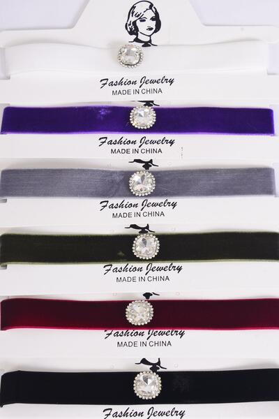 Necklace Choker Velvet Center Clear Stone Multi / 12 pcs = Dozen Size-14" Extension Chain , 2 Black , 2 Hunter Green , 2 Burgundy , 2 White , 2 Gray , 2 Purple Color Asst , Display Card & OPP Bag & UPC Code