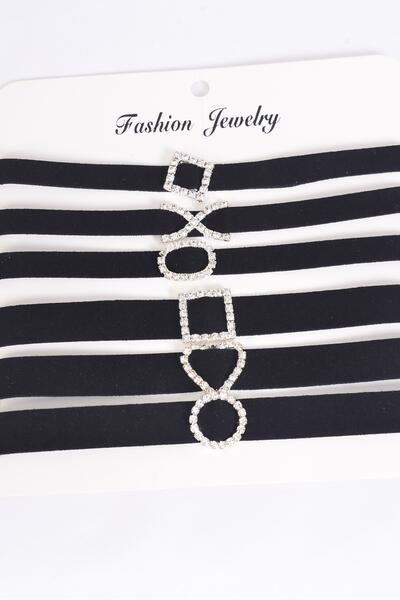 Necklace Choker Black Velvet Rhinestone Pendant /  12 pcs = Dozen Size-14" Extension Chain , 2 of each Pattern Asst , Display Card & OPP Bag & UPC Code