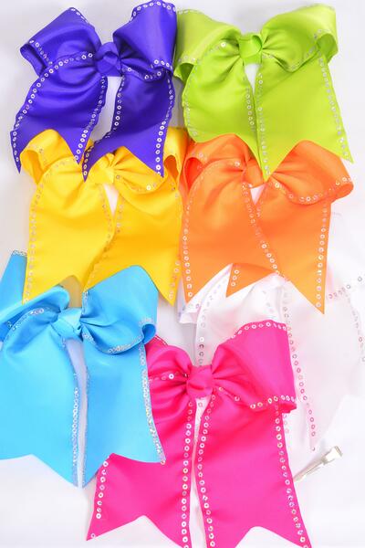 Hair Bow Extra Jumbo Long Tail Sequin Cheer Bow Type Grosgrain Bow-tie Citrus / 12 pcs Bow = Dozen  Alligator Clip , Size - 6.5" x 6" Wide , 2 White , 2 Yellow , 2 Blue , 2 Fuchsia , 2 Purple , 1 Orange , 1 Lime Color Asst , Clip Strip & UPC Code