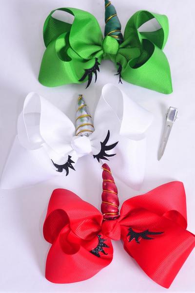Hair Bow Jumbo Unicorn XMAS Metallic Grosgrain Bow-tie / 12 pcs Bow = Dozen Christmas , Bow Size- 6" x 5" , Alligator Clip , 4 of each Pattern Asst , Clip Strip & UPC Code