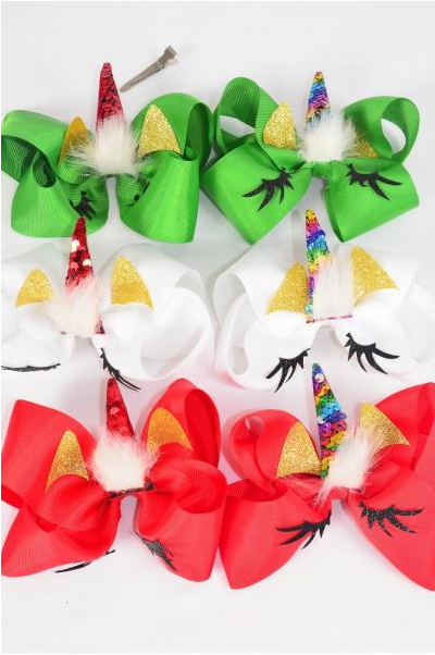 Hair Bow Jumbo Christmas Unicorn Flip Sequin Rainbow Horn Grosgrain Bow-tie / 12 pcs Bow = Dozen XMAS , Bow Size - 6"x 5" , Alligator Clip , 2 of each Pattern Asst , Clip Strip & UPC Code