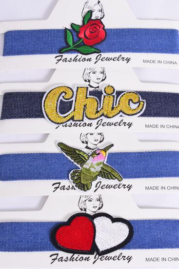 Necklace Choker Blue Denim Embroidered Patches  / 12 pcs = Dozen  Denim - Width -1" Wide , Size - 14" Extension Chain , 2 of Each Pattern Asst , Display Card & OPP Bag & UPC Code