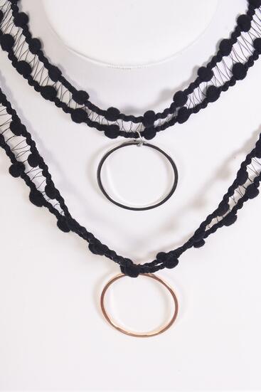 Necklace Choker Black Circle Pendant / 12 pcs = Dozen Width -1" Wide , Size - 14" Extension Chain , 6 Gold , 6 Silver Asst , Display Card & OPP Bag & UPC Code