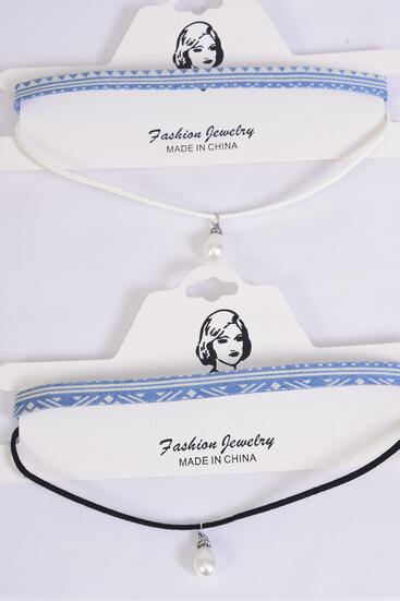 Necklace Choker 2 Strand Denim Faux Suede Cord Pearl Drop / 12 pcs = Dozen Size - 14" Extension Chain , 6 of each Color Asst , Display Card & OPP Bag & UPC Code
