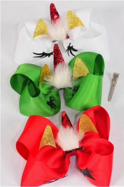 Hair Bow Jumbo Xmas Unicorn Red Horn Flip Sequin Grosgrain Bow-tie / 12 pcs Bow = Dozen Alligator Clip , Bow Size- 6" x 5" Wide , 4 of each Pattern Asst , Clip Strip & UPC Code