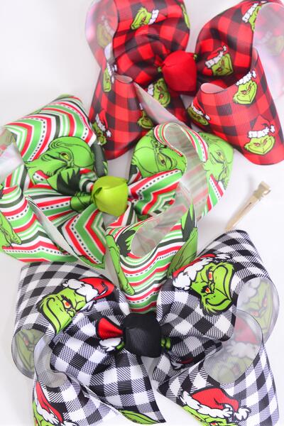 Hair Bow Jumbo Christmas Grinch Mix Grosgrain Bow-tie /  12 pcs Bow = Dozen  Alligator Clip , Size - 6" x 5" Wide , 4 of each Pattern Asst , Clip Strip & UPC Code