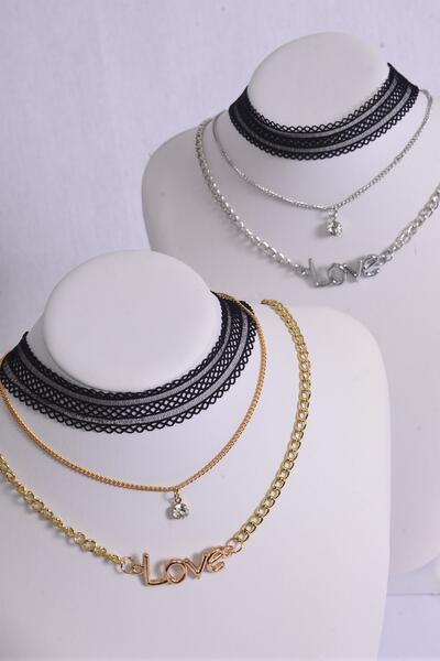 Necklace Choker 36 pcs Love & Rhinestone Drop Lace Stretch / 36 pcs = Dozen Lace 14" Stretch , Necklace 16" Extension Chain , 6 Gold , 6 Silver Asst , Display Card & OPP Bag & UPC Code , 3 pcs per Card ,12 Card = Dozen