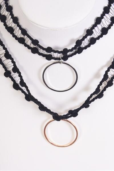 Necklace Choker Black Circle Pendant / 12 pcs = Dozen Width -1" Wide , Size - 14" Extension Chain , 6 Gold , 6 Silver Asst , Display Card & OPP Bag & UPC Code