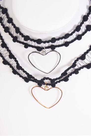 Necklace Choker Black Heart Pendant / 12 pcs = Dozen Width - 1" Wide , Size - 14" Extension Chain , 6 Gold , 6 Silver Asst , Display Card & OPP Bag & UPC Code