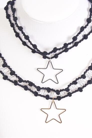 Necklace Choker Black Star Pendant / 12 pcs = Dozen Width - 1" Wide , Size - 14" Extension Chain , 6 Gold , 6 Silver Asst , Display Card & OPP Bag & UPC Code