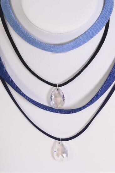 Necklace Choker 2 Strand Black Velvet & Denim Clear Teardrop Pendant /  12 pcs = Dozen Size-14" Extension Chain , 6 of each Color Asst , Display Card & OPP Bag & UPC Code