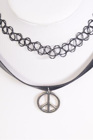 Necklace Choker 24 pcs Leather Feel Peace Sign Gothic Tattoo Henna Necklace / 24 pcs = Dozen Size - 14" Extension Chain , Display Card & OPP Bag & UPC Code , 2 pcs per Card , 12 Card = Dozen