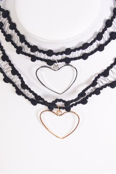 Necklace Choker Black Heart Pendant / 12 pcs = Dozen Width-1", Size-14" Extension Chain , 6 Gold , 6 Silver Asst , Display Card & OPP Bag & UPC Code