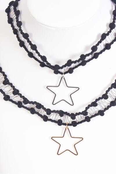 Necklace Choker Black Star Pendant / 12 pcs = Dozen Width-1", Size-14" Extension Chain , 6 Gold , 6 Silver Asst , Display Card & OPP Bag & UPC Code
