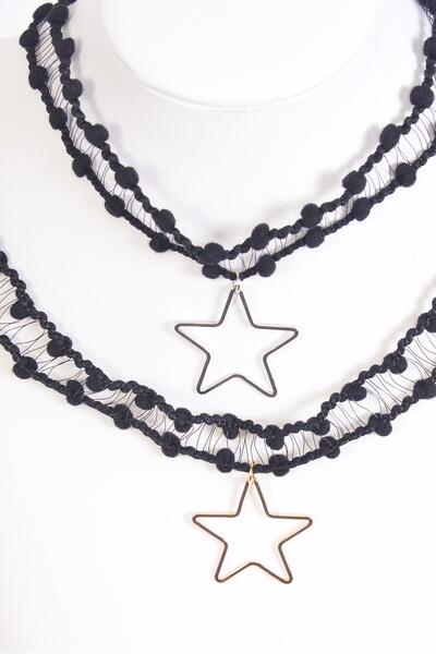 Necklace Choker Black Star Pendant / 12 pcs = Dozen Width - 1" Wide , Size - 14" Extension Chain , 6 Gold , 6 Silver Asst , Display Card & OPP Bag & UPC Code