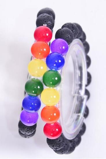Bracelet 10 mm Real Lave Rock Bead Rainbow Color Beads Mix Stretch / 12 pcs = Dozen  Stretch , Hang Tag & OPP Bag & UPC Code