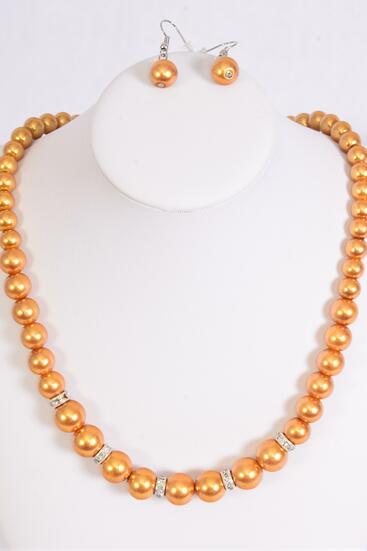Necklace Sets Graduate from 12 mm Glass Pearls Rhinestone Bezel Gold / 12 Sets = Dozen Gold , 18" Extension Chain , Hang tag & Opp bag & UPC Code
