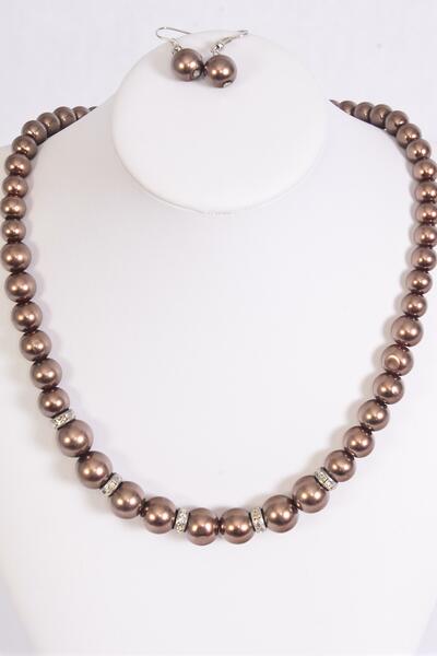 Necklace Sets Graduate from 12 mm Glass Pearls Rhinestone Bezel Brown / Sets Brown , 18" Extension Chain , Hang tag & Opp bag & UPC Code 