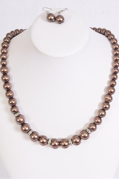 Necklace Sets Graduate from 12 mm Glass Pearls Rhinestone Bezel Brown / 12 Sets = Dozen Brown , 18" Extension Chain , Hang tag & Opp bag & UPC Code 
