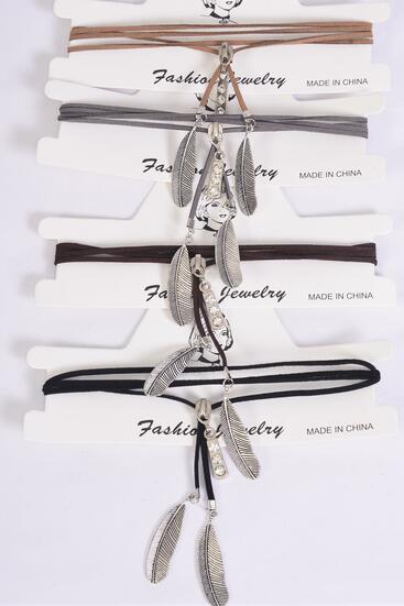 Necklace Faux Suede Cord String Wrap Bolo Tie Choker Rhinestone Zip Feathers / 12 pcs = Dozen Neutral Color - 3 Black , 3 Brown , 3 Gray , 3 White Color Asst , Display Card & OPP Bag & UPC Code