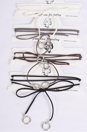 Necklace Faux Suede Cord String Wrap Bolo Tie Choker Metal Accent On Bottom Neutral Color Asst / 12 pcs = Dozen Color - 3 Black , 3 Brown , 3 Gray , 3 White Color Asst , Display Card & OPP Bag & UPC Code