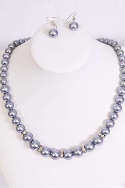 Necklace Sets Graduate from 12 mm Glass Pearls Rhinestone Bezel Gray / Sets Gray , 18" w Extension Chain , Hang tag & Opp bag & UPC Code