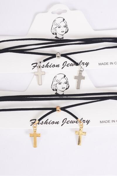 Necklace Choker Faux Cord String Wrap Bolo Tie Cross Metal Accent On Bottom / 12 pcs = Dozen 6 Gold & 6 Silver Asst , Display Card & OPP Bag & UPC Code