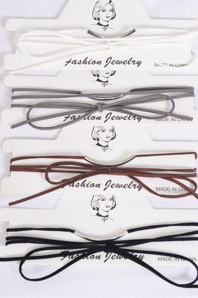 Necklace Choker Faux Suede Cord String Wrap Bolo Tie Metal / 12 pcs = Dozen Color - 3 Black , 3 Brown , 3 Gray , 3 White Color Asst , Display Card & OPP Bag & UPC Code