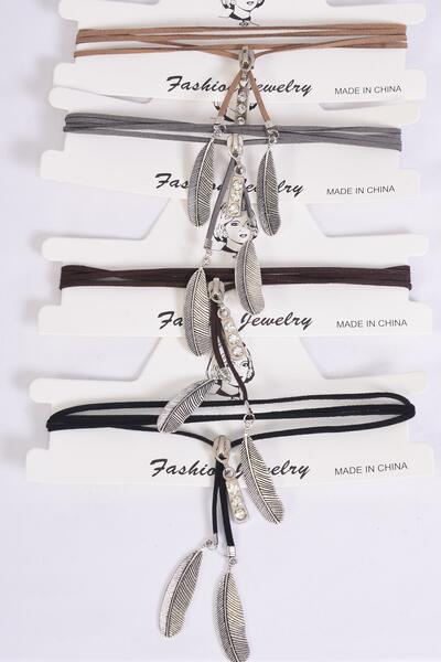 Necklace Faux Suede Cord String Wrap Bolo Tie Choker Rhinestone Zip Feathers / 12 pcs = Dozen Color - 3 Black , 3 Brown , 3 Gray , 3 White Color Asst , Display Card & OPP Bag & UPC Code