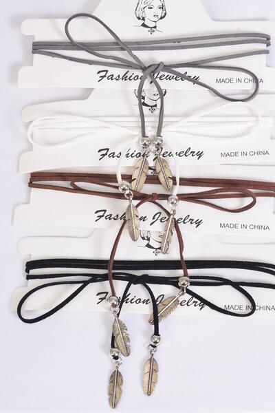 Necklace Faux Suede Cord String Wrap Bolo Tie Choker Metal Feather On Bottom / 12 pcs  = Dozen Color- 3 Black , 3 Brown ,3 White ,3 Gray Color Asst , Display Card & OPP Bag & UPC Code