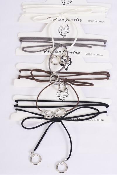 Necklace Faux Suede Cord String Wrap Bolo Tie Choker Metal Accent On Bottom / 12 pcs = Dozen Color-3 Black , 3 Brown , 3 Gray , 3 White Color Asst , Display Card & OPP Bag & UPC Code