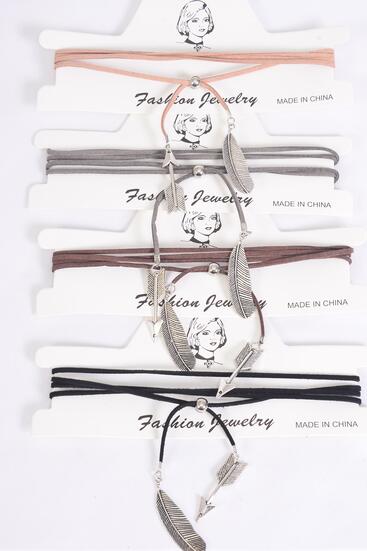 Necklace Faux Suede Cord String Wrap Bolo Tie Arrow Feathers Mix / 12 pcs = Dozen Color - 3 Black , 3 Brown , 3 Gray , 3 Camel , 4 Color Asst , Display Card & OPP Bag & UPC Code