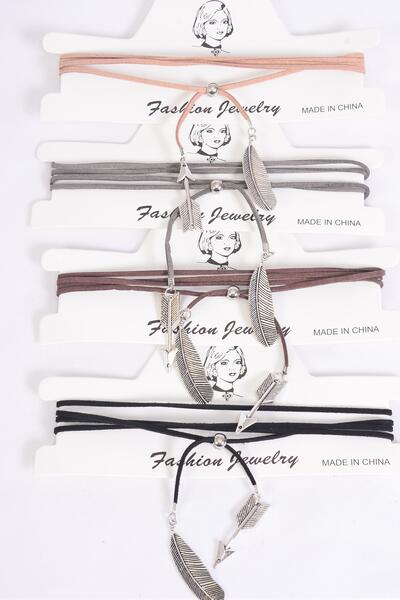 Necklace Faux Suede Bolo Tie Wrap Feather & Arrow / 12 pcs = Dozen Color - 3 Black , 3 Brown , 3 Gray , 3 Camel , 4 Color Asst , Display Card & OPP Bag & UPC Code