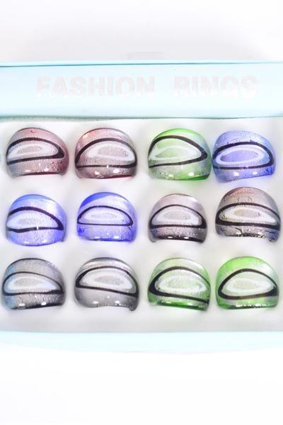 Rings Venetian Glass Multi / 12 pcs = Dozen Width 0.75" Wide , Size - 6  7  8  9 Mix , 2 of each Color Asst , 1 DZ Velvet Ring Display Window Box , W OPP bag & UPC Code