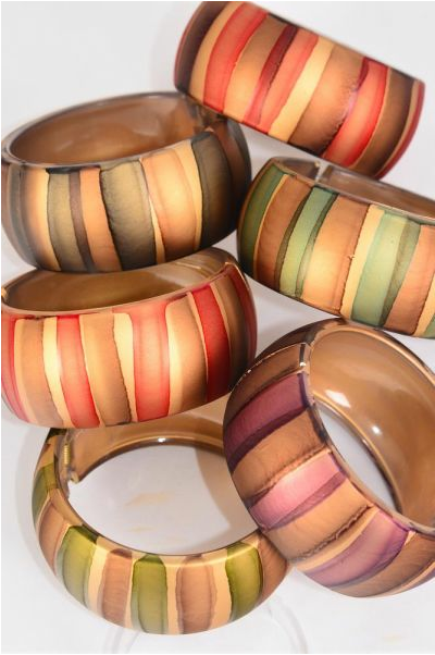 Bracelet Bangle Acrylic Wide Hinge Stripes Fall / 12 pcs = Dozen Hinge , Size - 2.75" x 1.25" Dia Wide , 2 of each Pattern Asst , Hang Tag & Opp Bag & UPC Code 