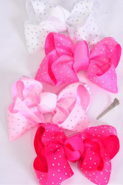 Hair Bow Jumbo Studded Clear Stone Pink Mix Grosgrain Bow-tie / 12 pcs Bow = Dozen Alligator Clip , Size - 6"x 5" Wide , 3 White , 3 Baby Pink , 3 Hot Pink , 3 Fuchsia Color Asst , Clip Strip & UPC Code