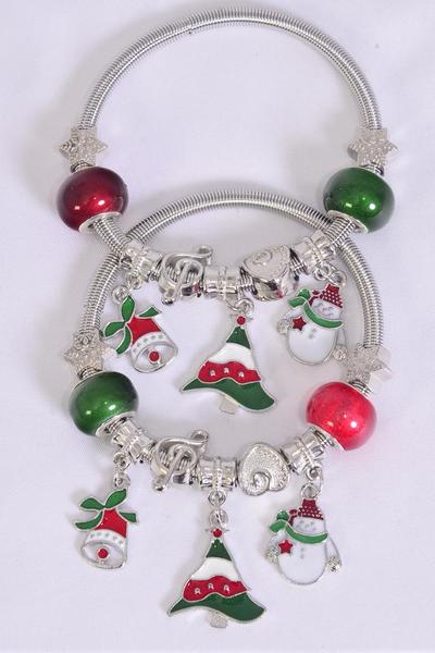 Charm Bracelet XMAS Enamel Bell Tree Snowman Charm Mix / 12 pcs = Dozen Christmas , Hang Tag & Opp Bag & UPC Code