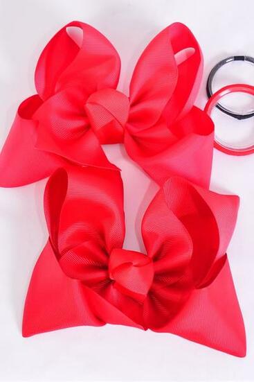 Hair Bow Extra Jumbo Cheer Type Bow Red mix Elastic Pony Grosgrain Bow-tie / 12 pcs Bow = Dozen Elastic Pony , Size - 8"x 7" Wide , 6 Red , 6 Poppy Red Asst , Clip Strip & UPC Code