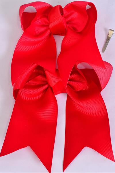 Hair Bow Extra Jumbo Long Tail Cheer Type Bow Red Mix Grosgrain Bow-tie / 12 pcs Bow = Dozen Alligator Clip , Size - 6.5" x 6" Wide , 6 Red , 6 Poppy Red Mix , Clip Strip & UPC Code