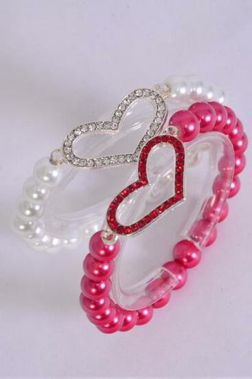 Bracelet 10 mm Glass Pearl Rhinestone Heart / 12 pcs = Dozen Stretch , Heart Size - 1.25" x 1" Wide , 6 of each Color Asst , Hang Tag & OPP bag & UPC Code