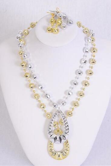 Necklace Sets Poly Teardrop Pendant Gold Silver Mix / 12 pcs = Dozen Size - 20" Long , 6 Gold , 6 Silver Mix , Hang Tag & OPP Bag & UPC Code
